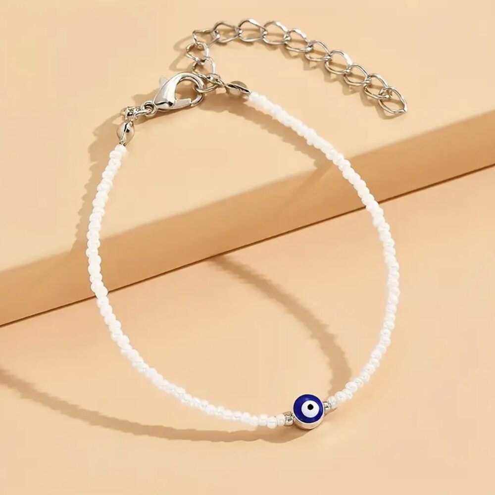 Evil Eye Spiritual Protection Minimalist White Beaded Bracelet NEW - Picture 2 of 7